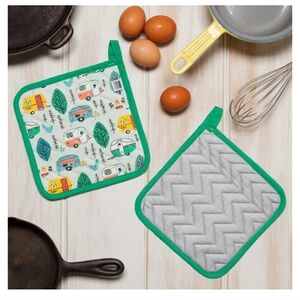 Now Designs Danica Jubilee Quilted Potholder Set if 2 Brand New Happy Camper